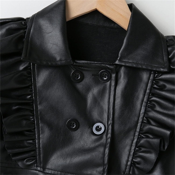 🎀NEW Princess Black Faux Leather Ruffles, Long Sleeve England Style Dress - Picture 6 of 7